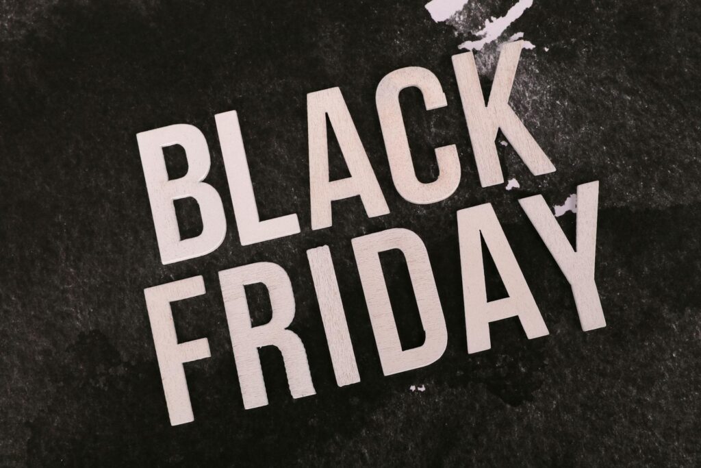 Black Friday banner with bold white text on a dark background, representing peak sales season ideal for speed optimization for Shopify stores.