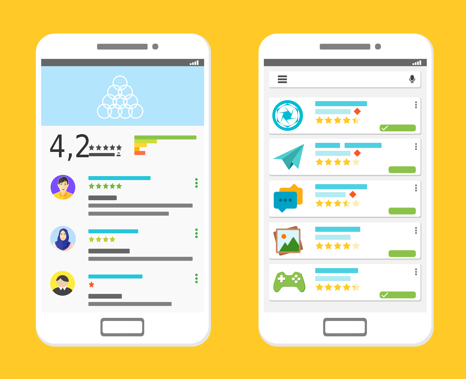 Illustration of mobile screens showing app reviews and star ratings, symbolizing how users evaluate the Top Shopify Apps for performance, SEO, speed optimization, and conversion improvements in 2026.