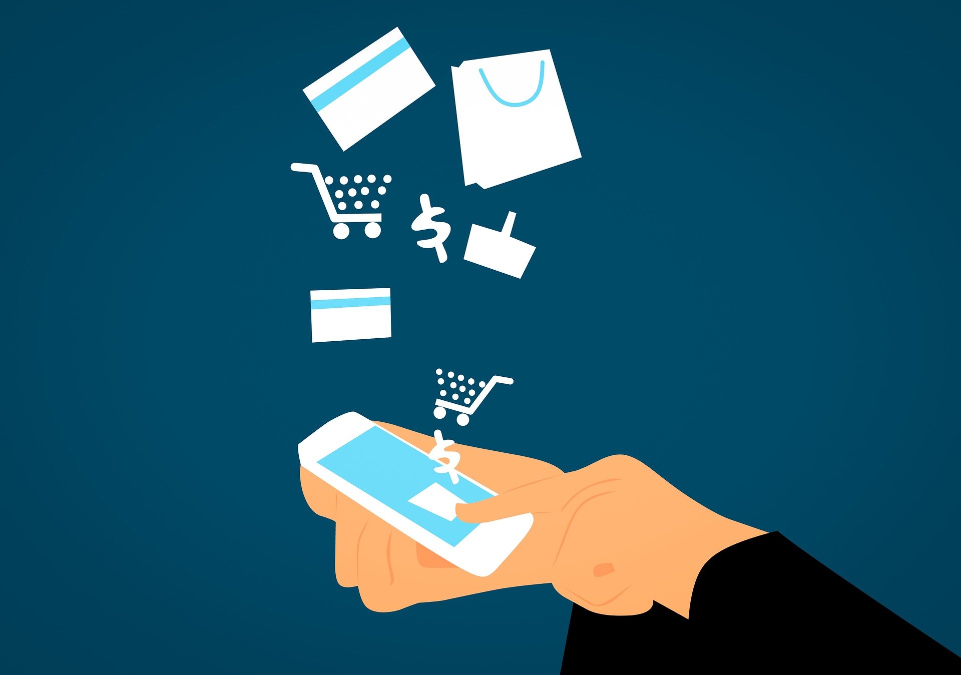 Illustration of a hand using a smartphone for online shopping, with icons of shopping carts, credit cards, and bags representing eCommerce, Shopify apps, and digital payments.