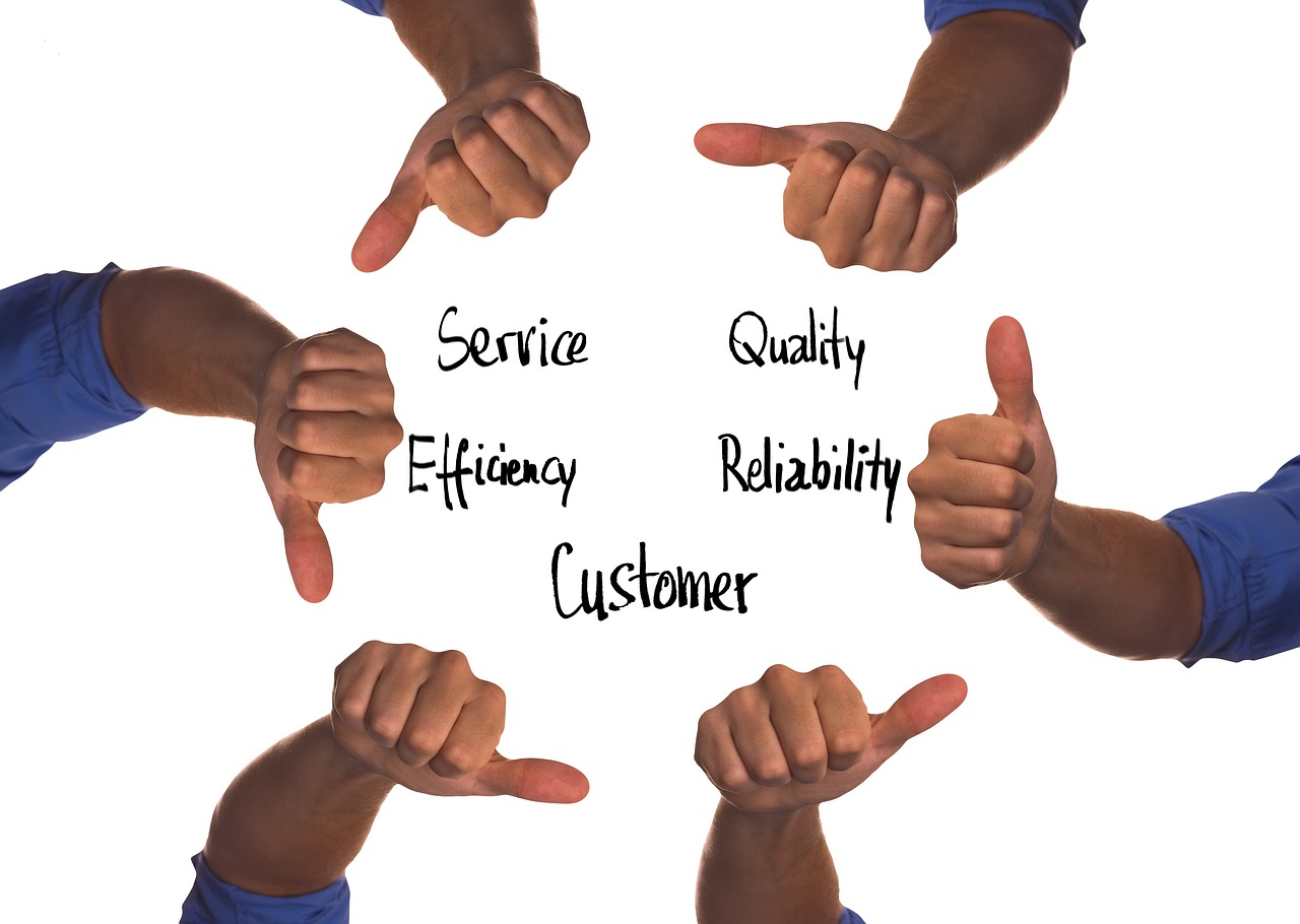 Hands showing thumbs up and down around words service, quality, efficiency, reliability, and customer, symbolizing customer loyalty and retention in ecommerce.