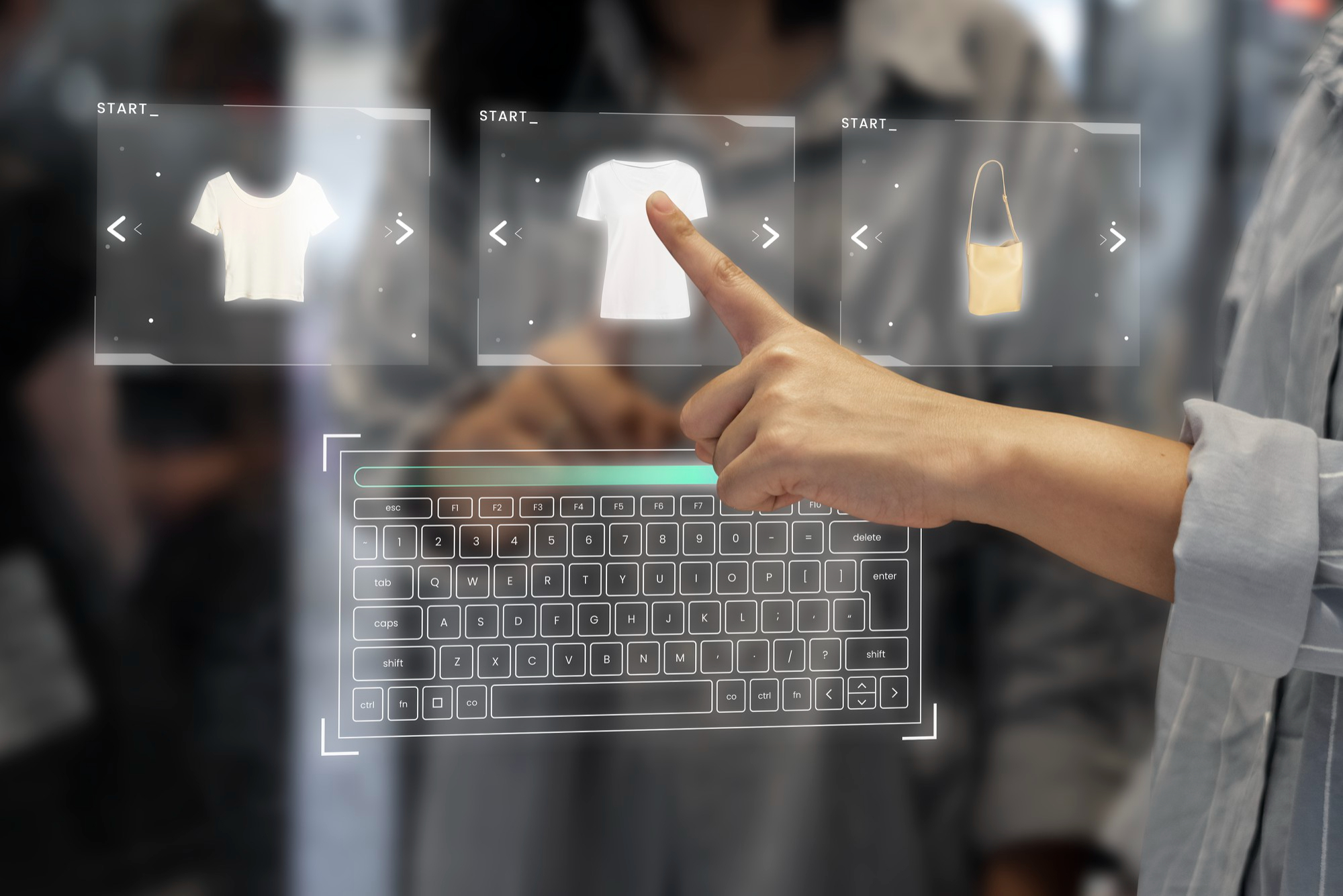 Understanding the Accessibility Act: A Shopify Merchant’s Guide to EAA 2025 11 Person interacting with a futuristic digital ecommerce interface, showcasing product selections and a virtual keyboard—illustrating the need for accessible design under the Accessibility Act (EAA 2025).