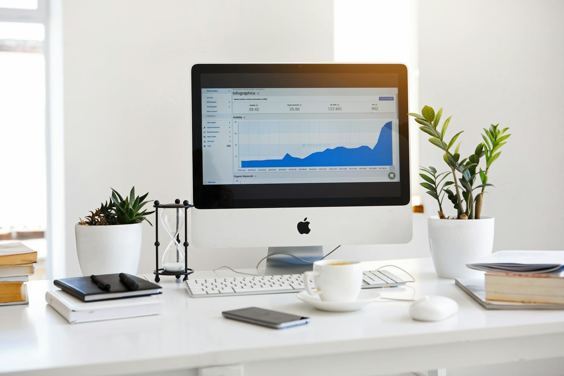 Modern workspace with desktop computer displaying website analytics growth chart, symbolizing email marketing performance tracking and ecommerce campaign success.