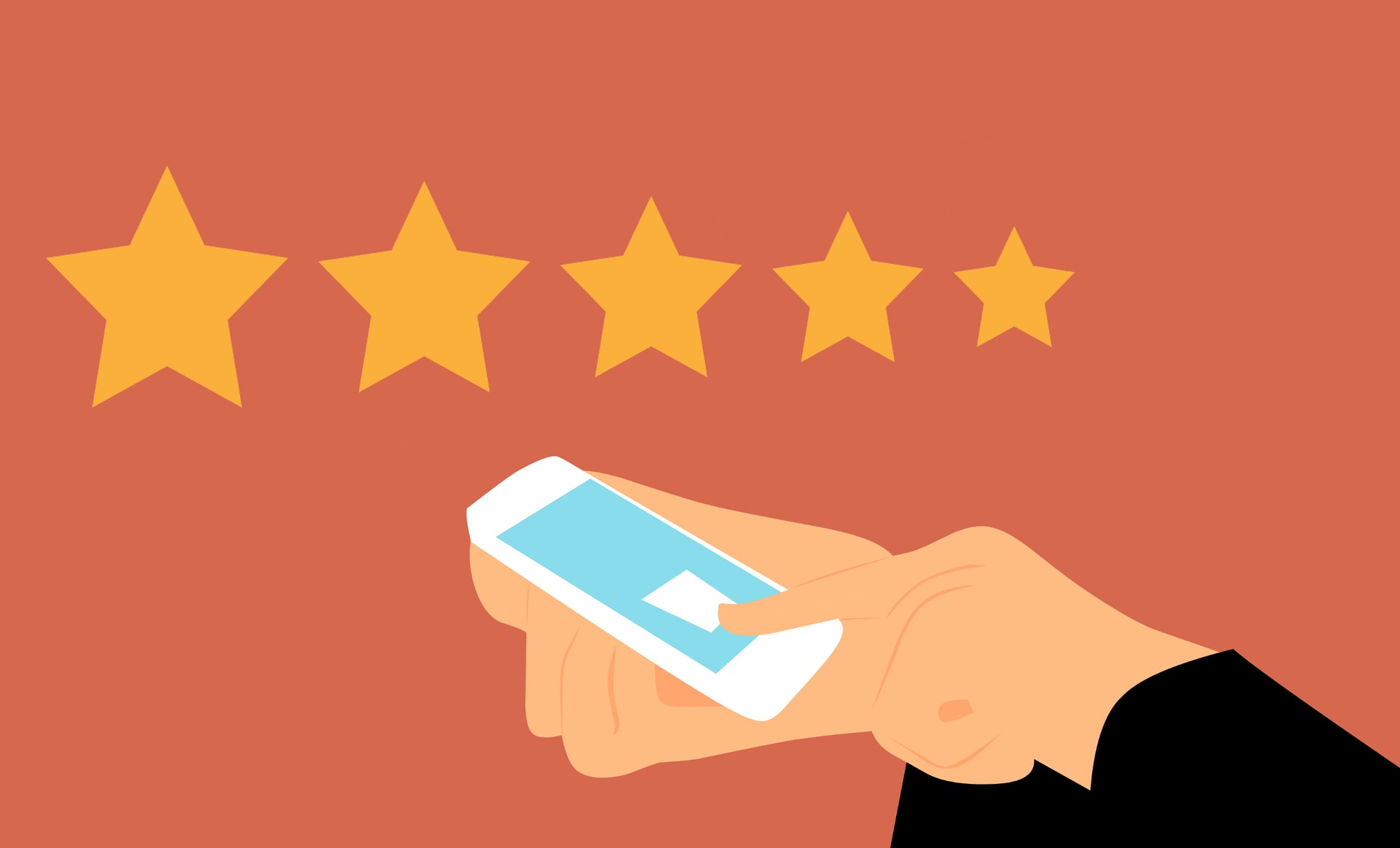 Illustration of a hand using a smartphone with five stars above, representing mobile customer reviews, user experience, and online feedback submission.