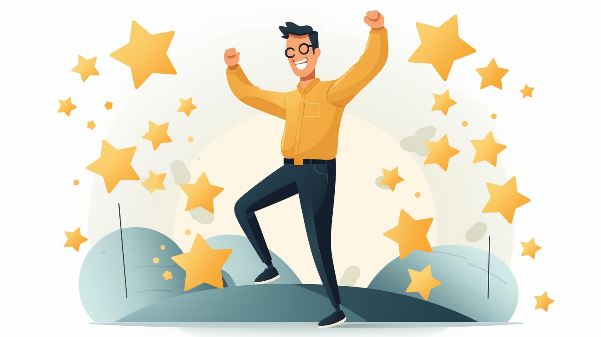Illustration of a happy customer surrounded by stars, representing positive customer reviews, high star ratings, and strong brand reputation in ecommerce.