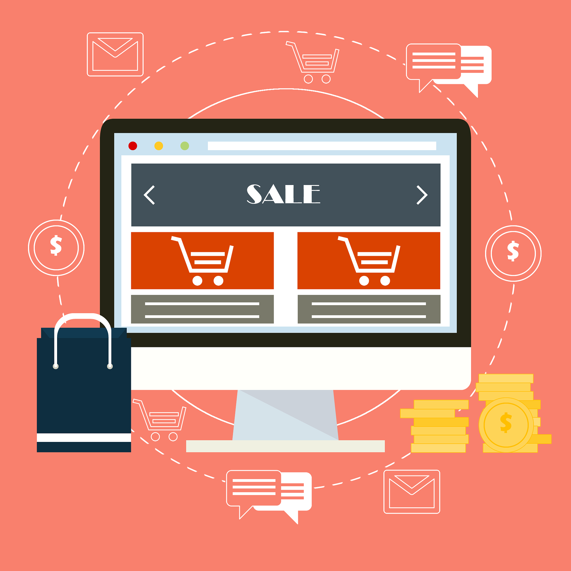 Ecommerce sale page with shopping cart icons and coins