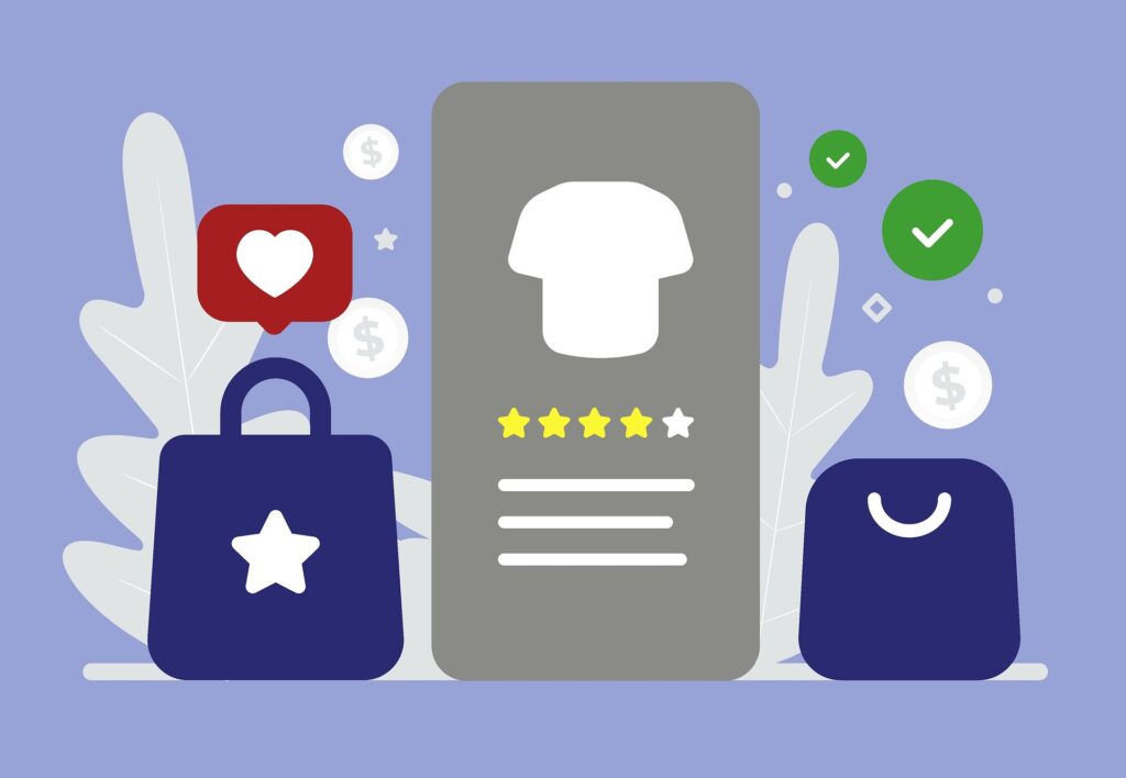 Illustration of ecommerce personalization showing personalized product ratings, shopping bags, pricing icons, and customer preference indicators on a digital storefront.