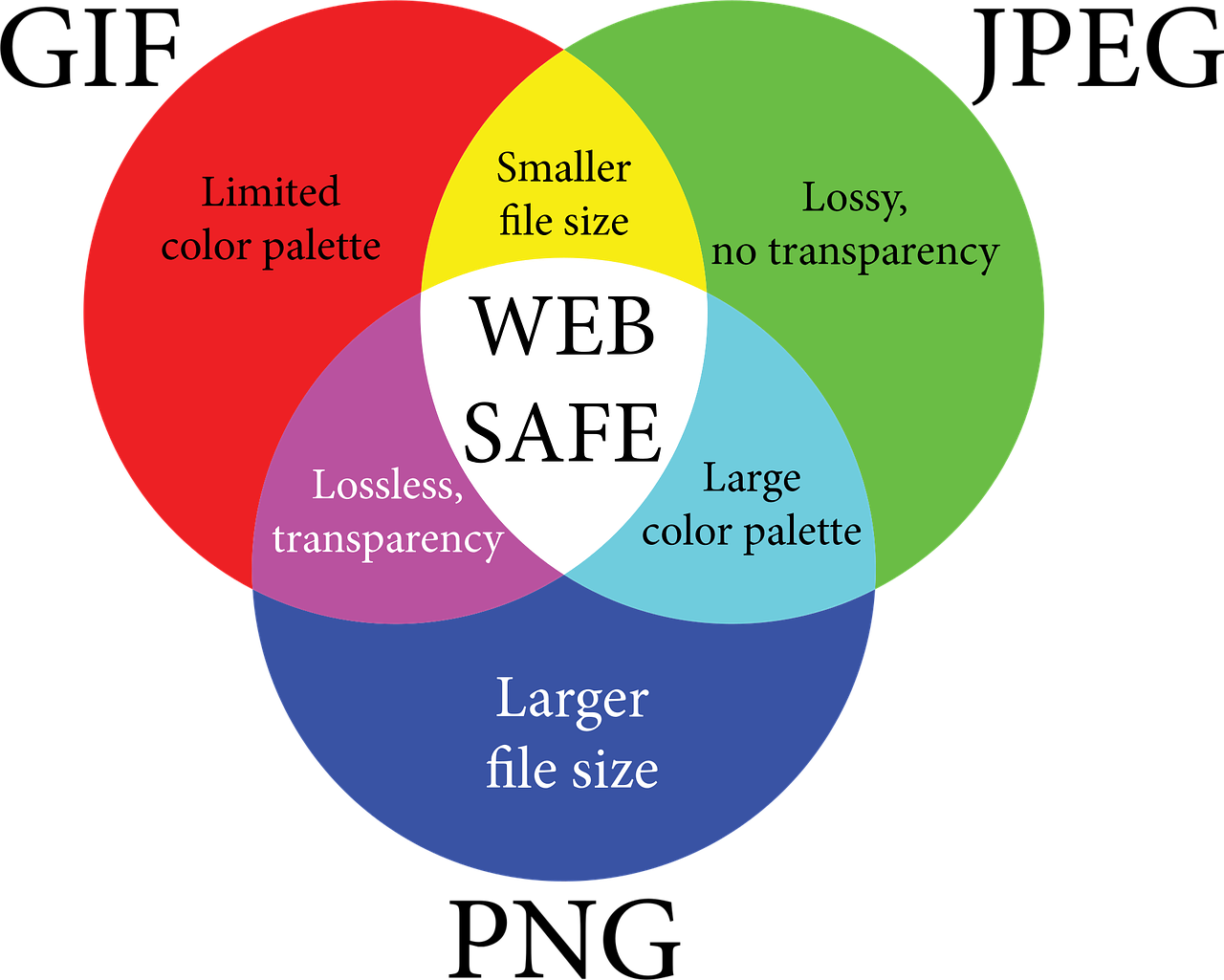 Reduce Image File Size in Shopify — The Right Way (Hint: It’s Not Resizing) 11 Web-safe image format Venn diagram showing trade-offs between file size, color palette, and compression — essential for choosing the right format to reduce image file size effectively.