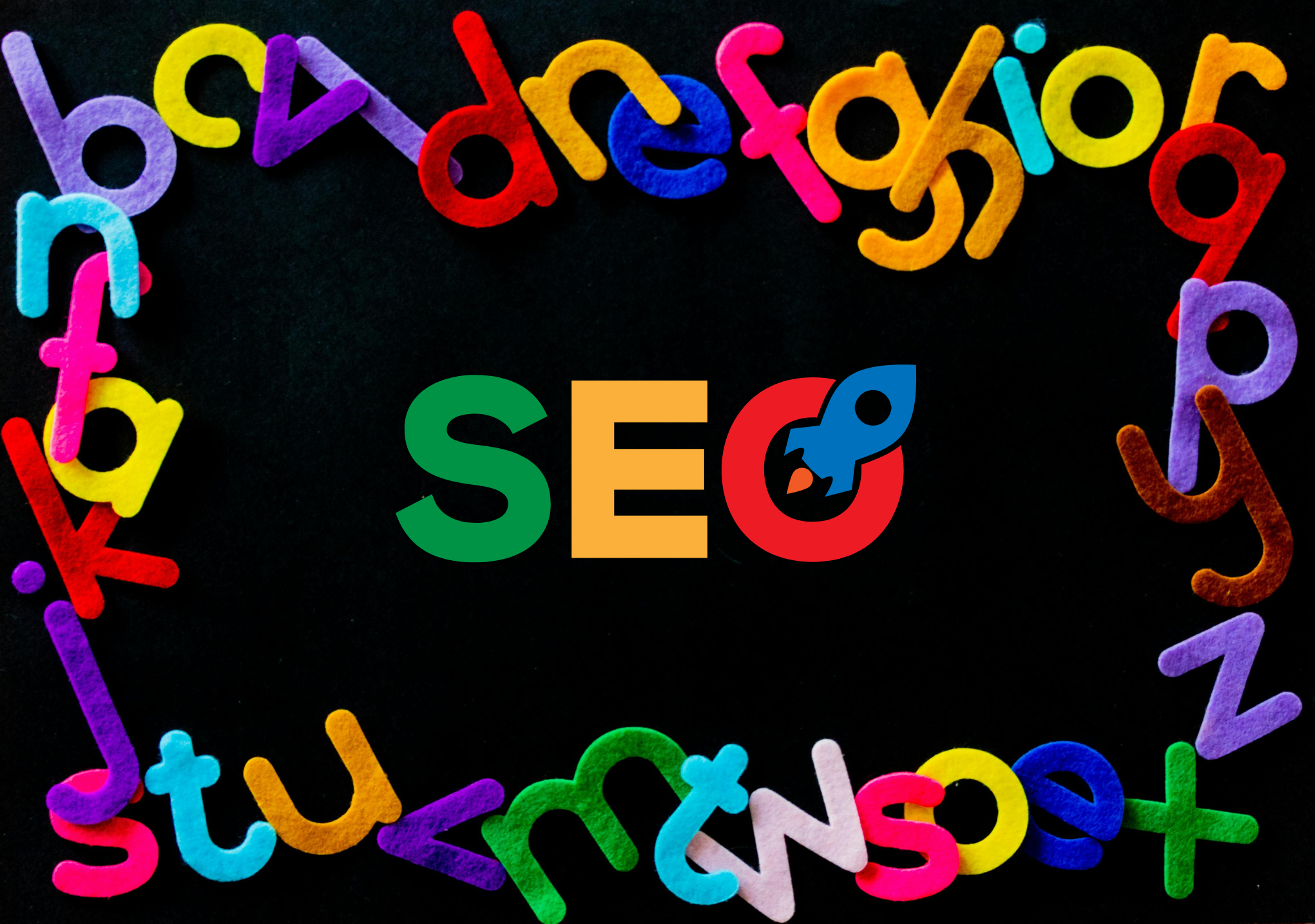 Colorful felt letters framing the word “SEO” with a rocket icon, symbolizing how typography, including optimized web fonts, can enhance search engine performance and website visibility.