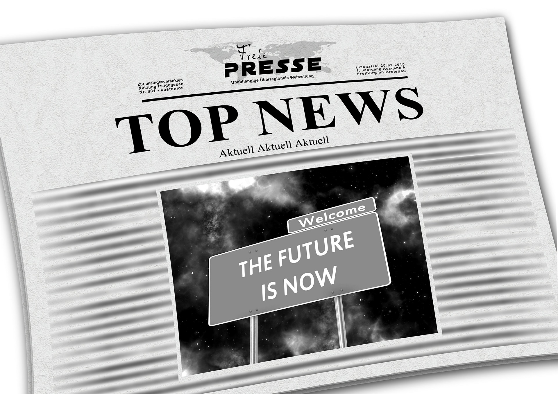 Newspaper front page with the headline “TOP NEWS” and an image showing a road sign that reads “The Future Is Now,” symbolizing the urgent shift toward ecommerce personalization and digital transformation in customer experience.