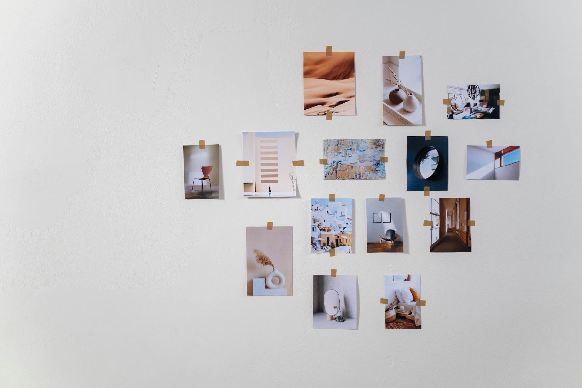 Reduce Image File Size in Shopify — The Right Way (Hint: It’s Not Resizing) 7 Minimalist photo collage taped to a white wall, showing a clean design aesthetic — an example of how to reduce image file size without losing visual appeal on modern Shopify stores.