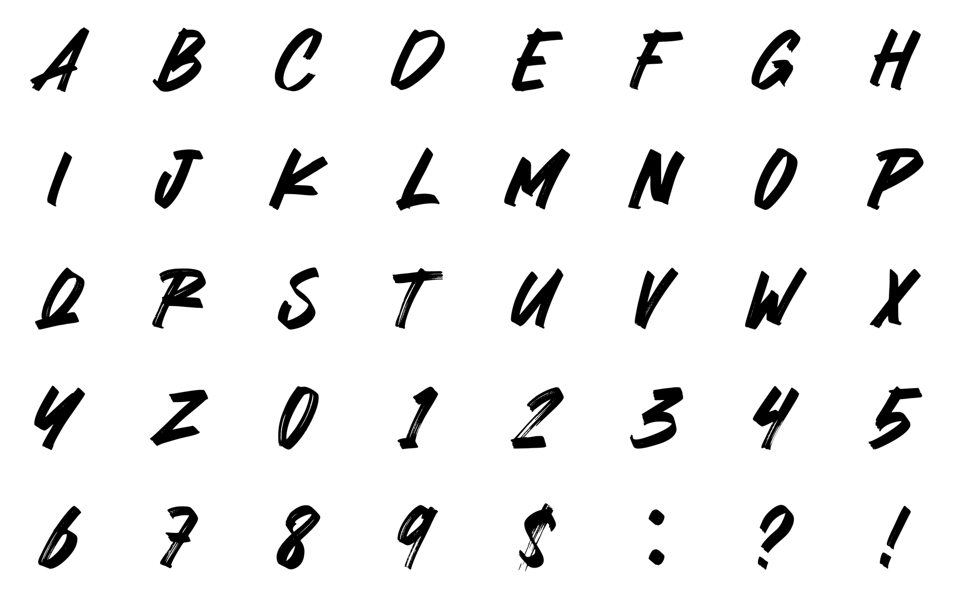Brush-style web fonts showing the full English alphabet, numbers, and punctuation, used for expressive typography in digital and web design.