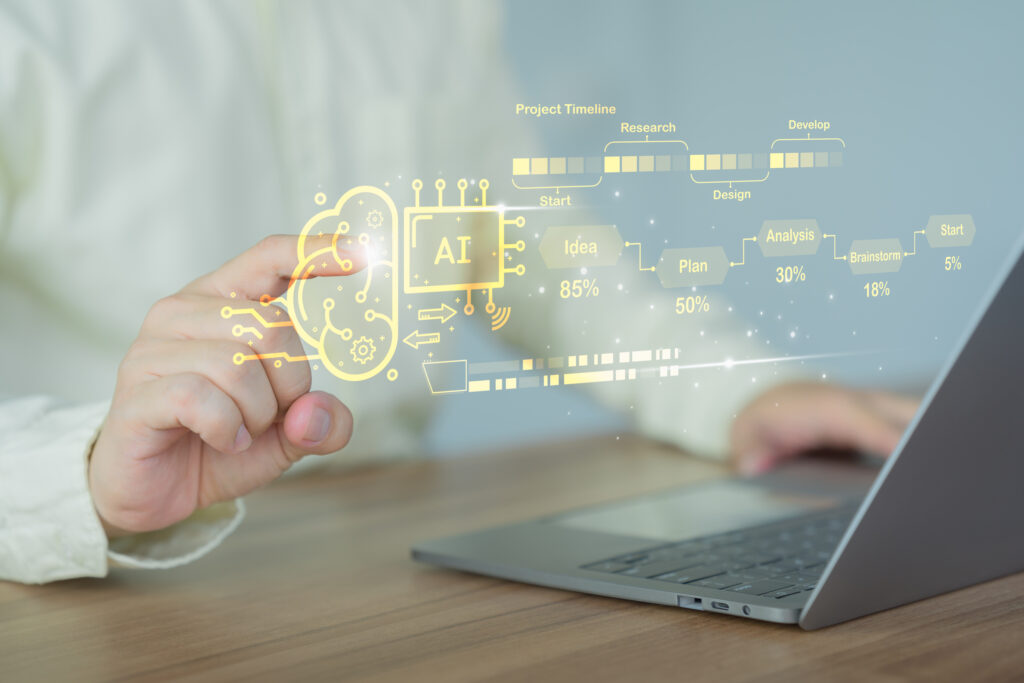 A person interacting with a laptop displaying a digital interface representing AI in ecommerce, including a project timeline, idea planning, and automation workflows.
