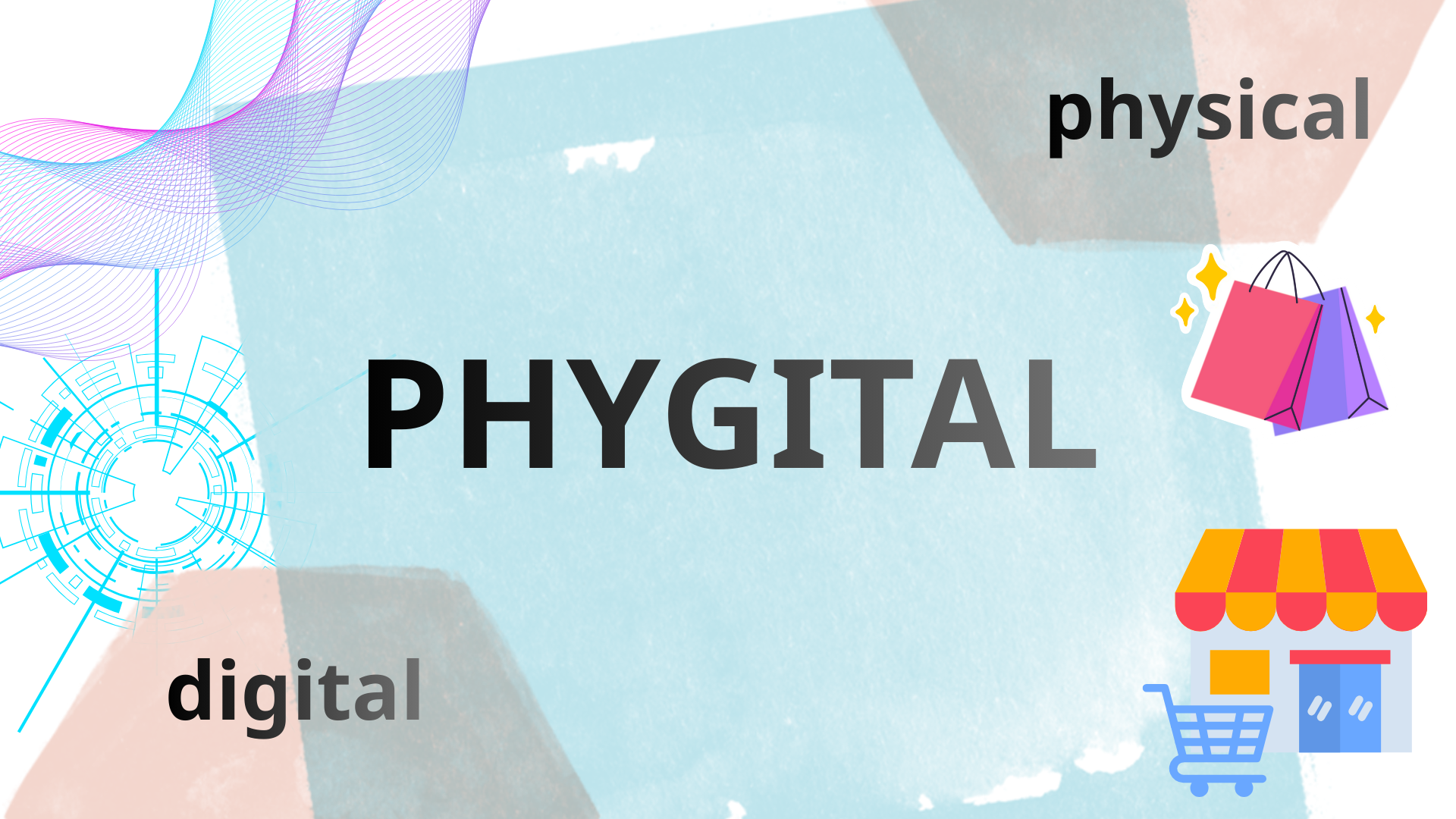 Illustration of the word “Phygital” combining digital and physical shopping experiences, with icons representing technology, online retail, and brick-and-mortar stores — highlighting the future of ecommerce.