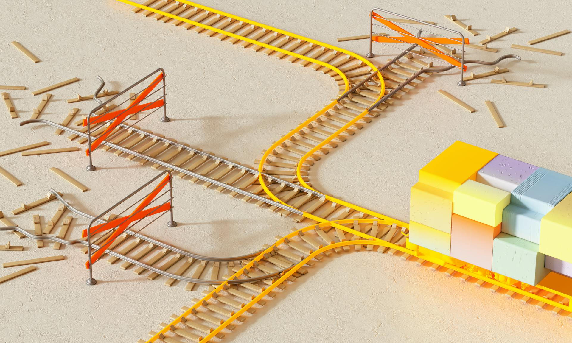 Toy train on a brightly colored track switching routes, while other broken tracks are blocked off—symbolizing the shift in digital strategy between AEO and GEO.