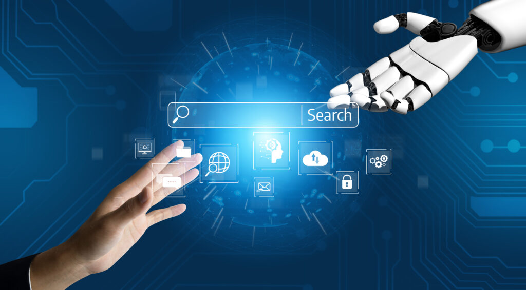 Human and robot hands reaching toward a digital search interface with AI icons, symbolizing the integration of Ecommerce AI in modern online shopping experiences.