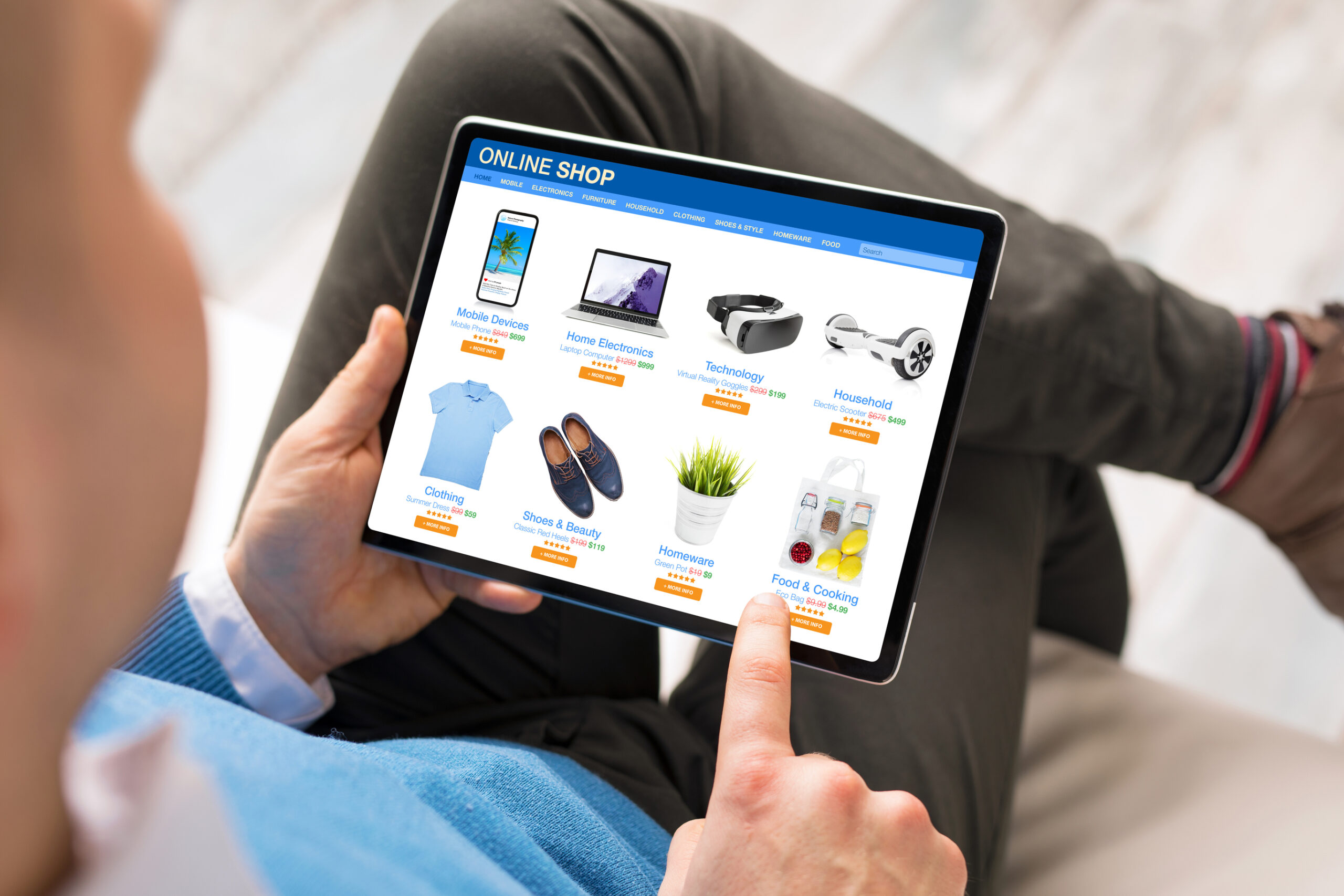 Person browsing an online shop on a tablet, showcasing how Ecommerce AI powers personalized product recommendations and dynamic pricing in digital storefronts.