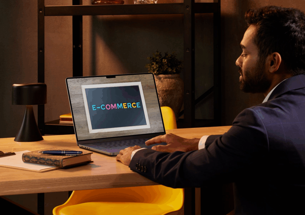 Entrepreneur working on a laptop displaying “e-commerce,” representing ecommerce marketing strategy, digital marketing for ecommerce, and building an online store for revenue growth.