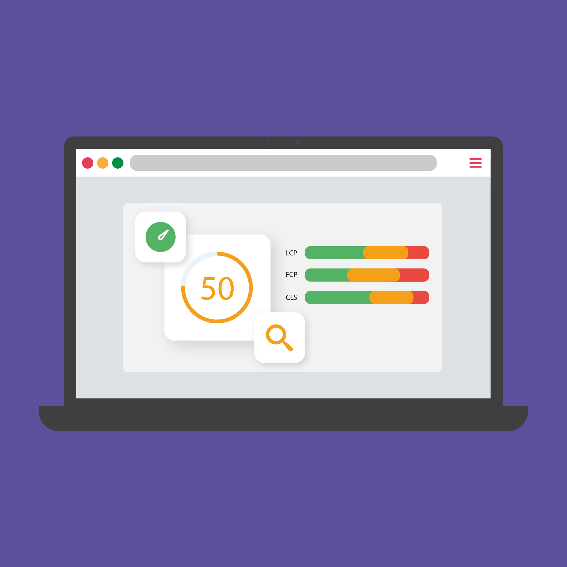  Core web vitals performance report with speed score and visual indicators for page experience metrics