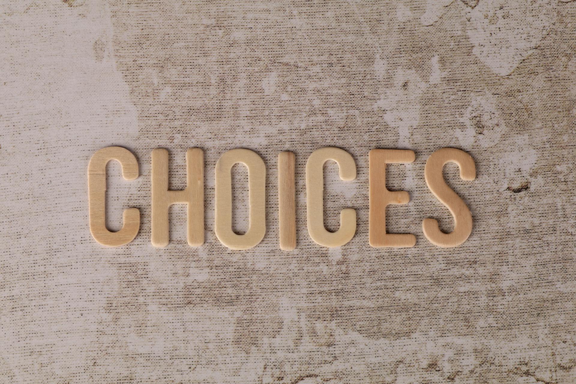 “Choices” text illustration representing how AI shopping agents evaluate products, compare ecommerce options, and choose which online stores to recommend.