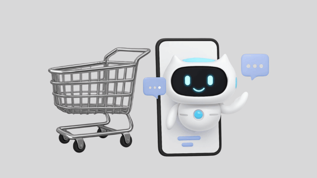 AI shopping agents assisting online ecommerce purchases through a mobile AI shopping assistant beside a digital shopping cart illustration.