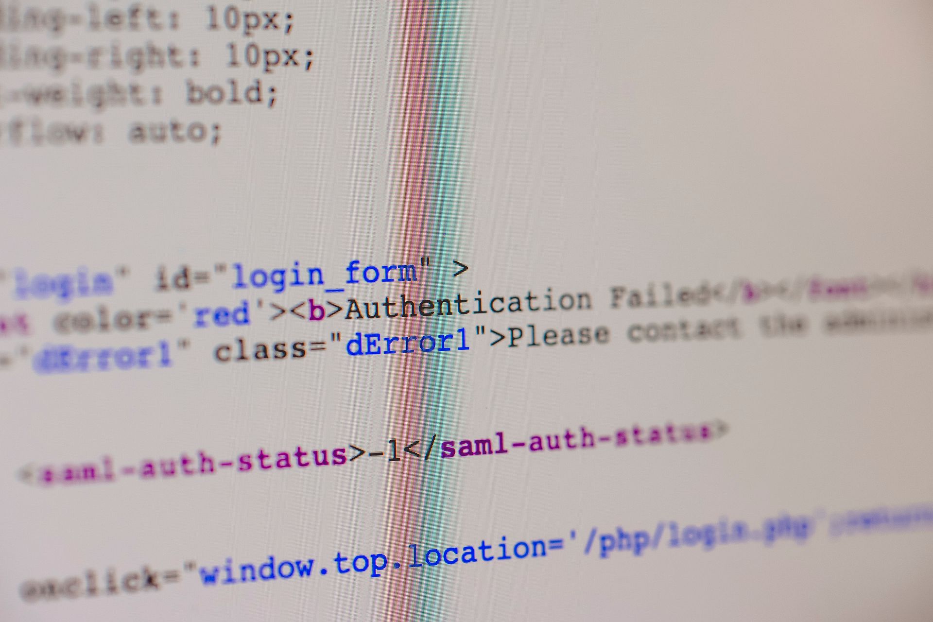 Close-up of website code displaying an authentication error, representing common mistakes when fixing render-blocking resources, including broken scripts, incorrect CSS optimization, and JavaScript loading issues that can affect Shopify performance.