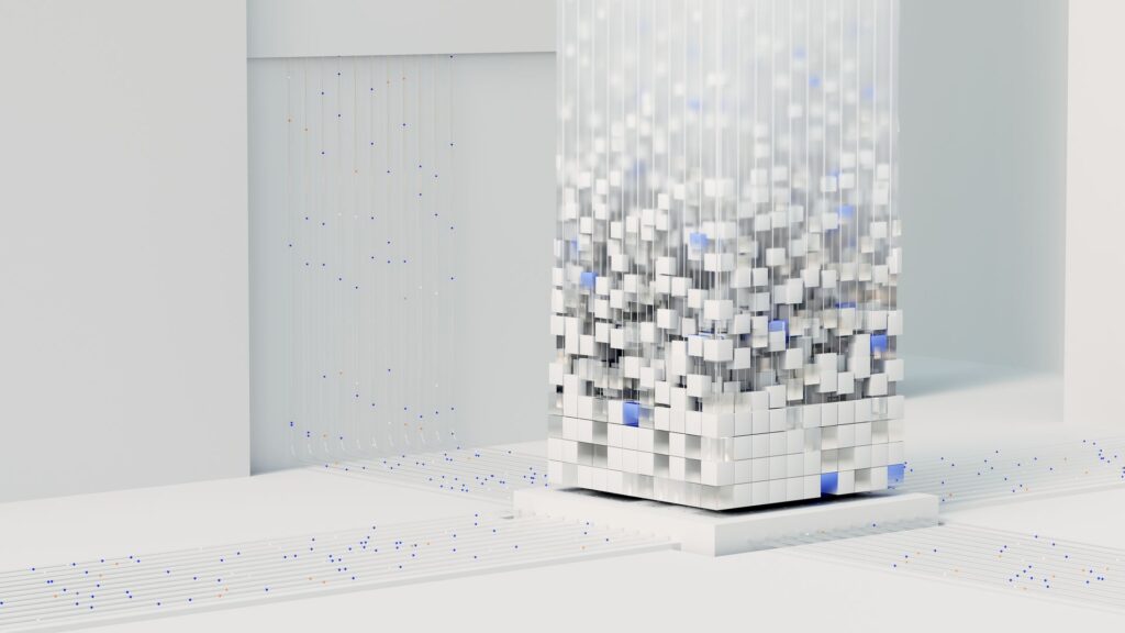 Abstract visualization of render-blocking resources flowing through a structured data system, representing CSS, JavaScript, and third-party assets impacting the critical rendering path and Shopify page performance.