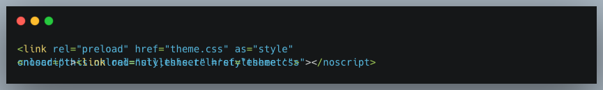 Code example showing how to defer non-critical CSS using rel="preload" to reduce render-blocking resources and improve Shopify page speed, initial render performance, and Core Web Vitals.
