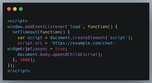JavaScript example showing delayed loading of third-party scripts to minimize render-blocking resources and improve Shopify page speed and Core Web Vitals.