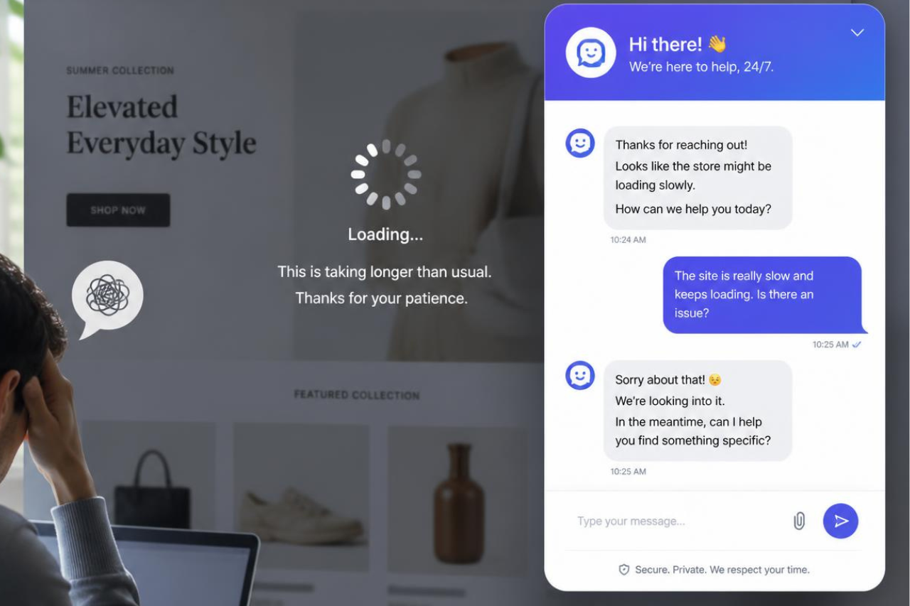 Shopify chat widget displayed on a slow-loading Shopify store, illustrating how live chat apps can impact page speed and customer experience.