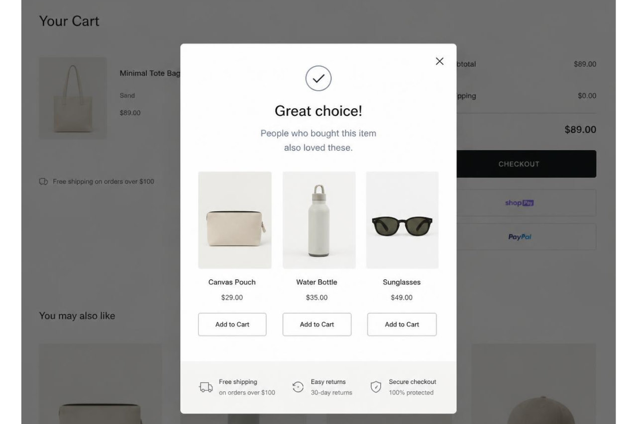 Helpful ecommerce popups displaying relevant product recommendations in the shopping cart to improve user experience and increase conversion rate.