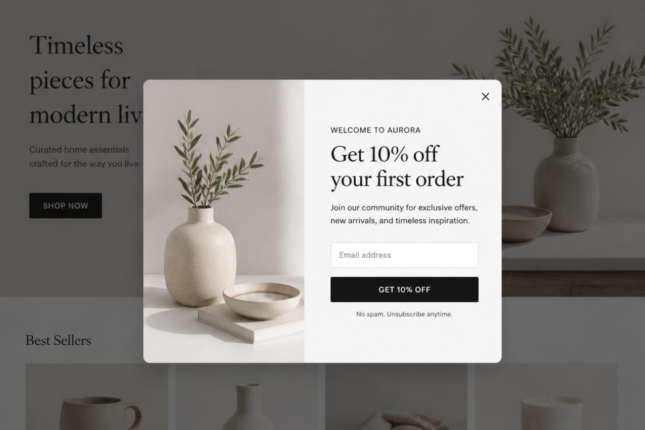 Well-designed ecommerce popups offering a first-order discount, demonstrating how smart popups improve user experience and increase conversion rate.