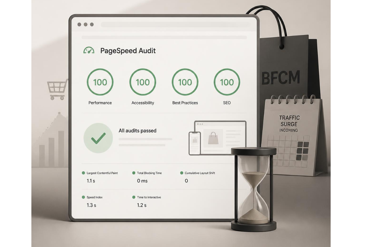  Shopify BFCM Speed Check illustration showing a PageSpeed audit dashboard with perfect scores, an hourglass, and BFCM shopping elements for peak traffic readiness.