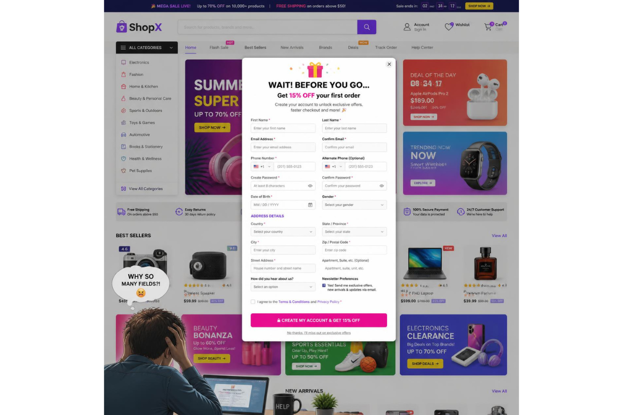 Website popup requiring multiple form fields, demonstrating how lengthy popups increase friction and reduce conversions.