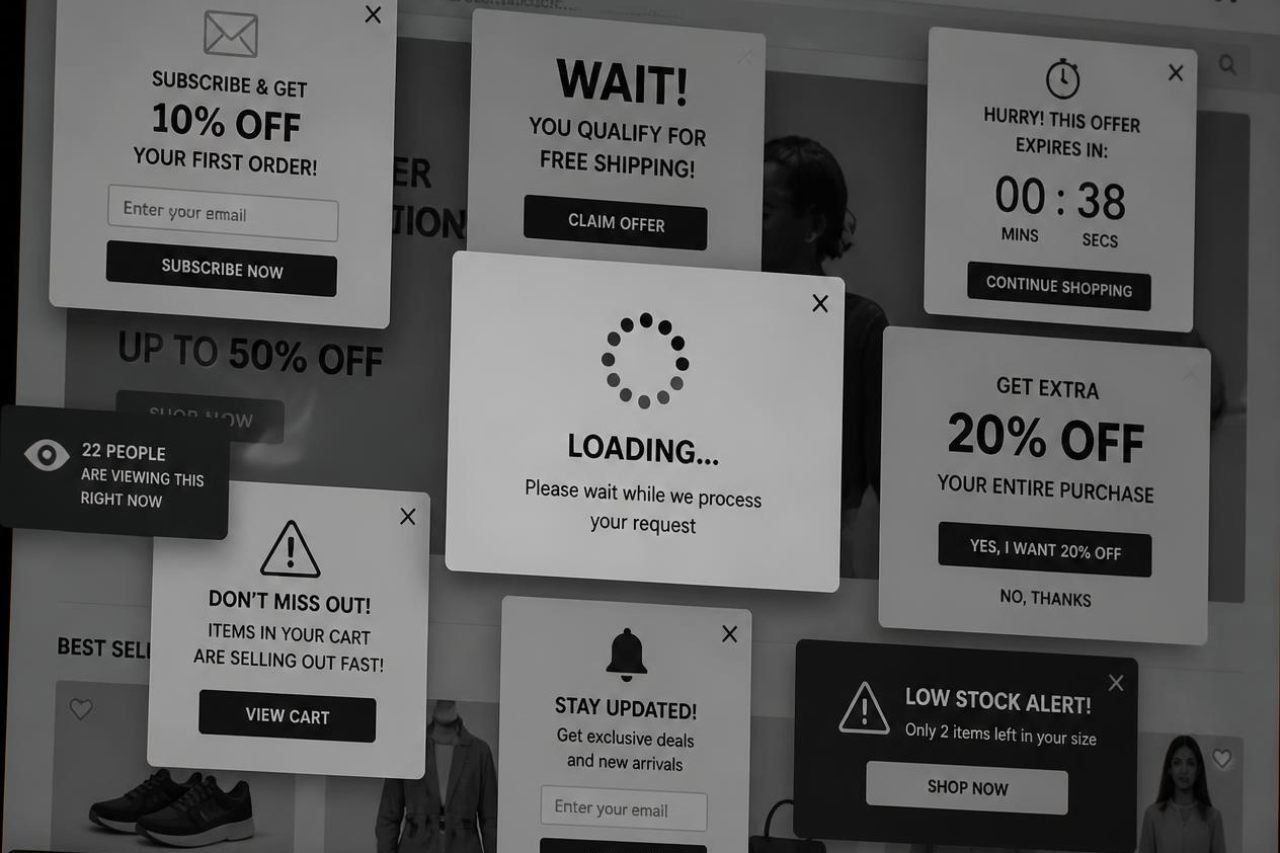 Multiple popups displayed across an ecommerce website, illustrating how poorly optimized popups can hurt SEO, accessibility, page performance, and conversion rate.