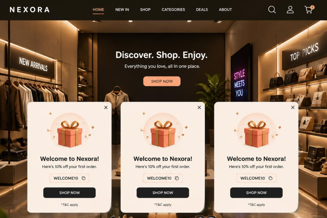 Ecommerce website showing multiple discount popups, demonstrating the mistake of relying on promotional offers instead of customer value.
