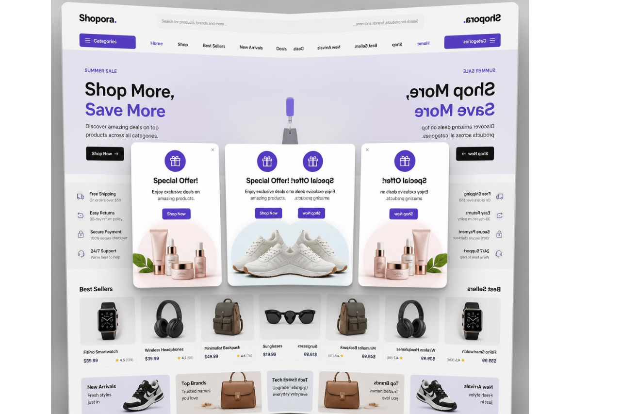Identical promotional popups on an ecommerce website showing the mistake of treating every visitor the same.