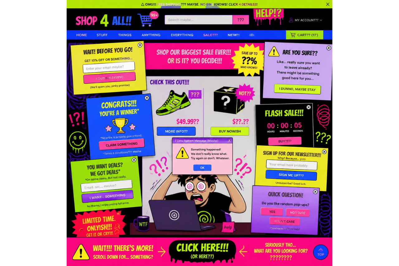 Cluttered ecommerce homepage with multiple popups demonstrating poor popup copy and confusing conversion optimization practices.