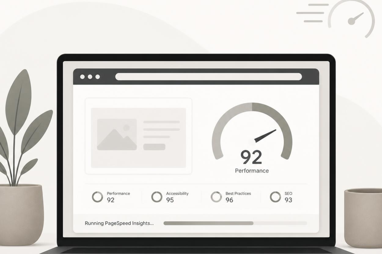 Shopify BFCM Speed Check illustration showing a PageSpeed Insights performance test dashboard measuring Shopify store speed before Black Friday Cyber Monday.