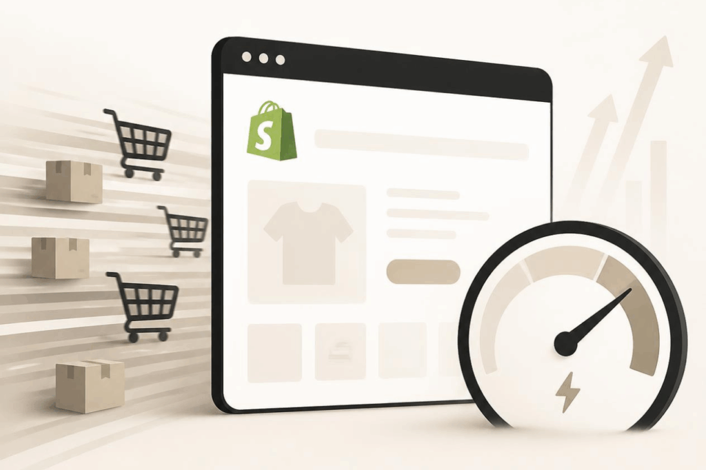 Shopify BFCM Speed Check illustration showing a Shopify storefront, speedometer, shopping carts, and fast-loading ecommerce performance.