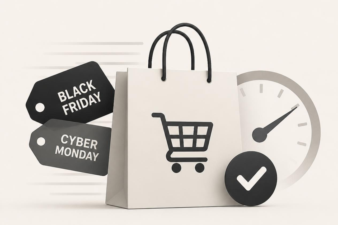 Shopify BFCM Speed Check illustration showing Black Friday and Cyber Monday shopping tags, a shopping bag, speed gauge, and optimized Shopify storefront performance.