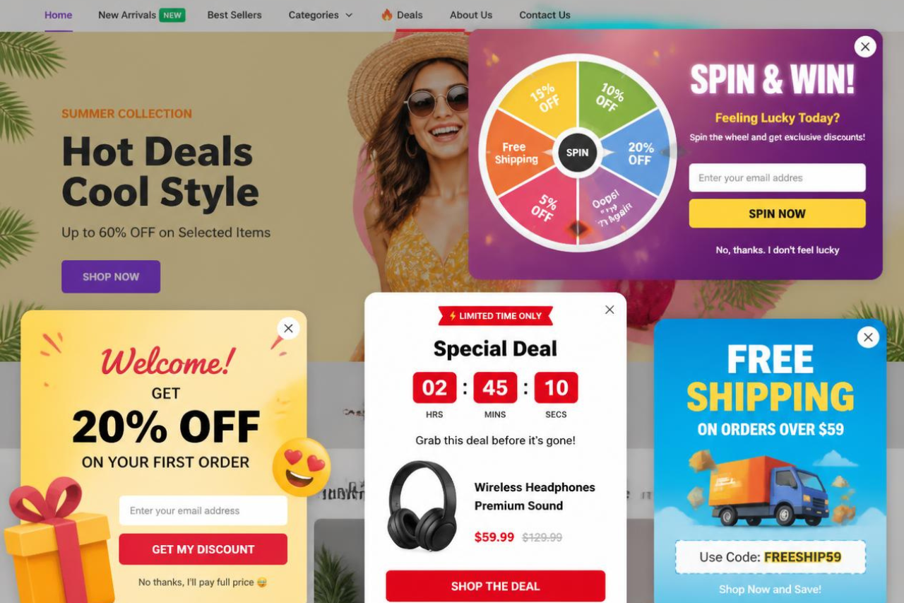  Intrusive popups covering an ecommerce homepage, showing common popup mistakes that hurt user experience and conversions.