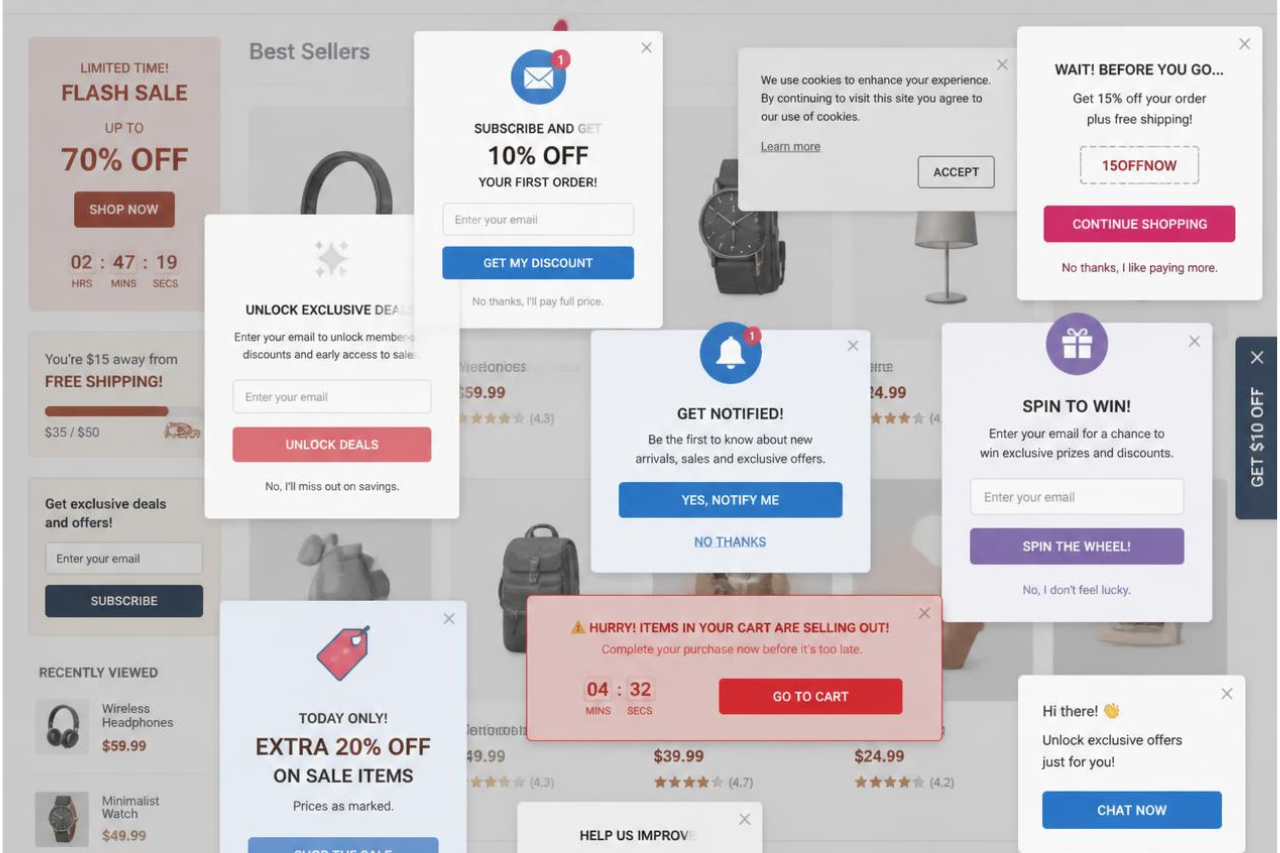 Too many popups competing for attention on an ecommerce website, reducing user engagement and conversion optimization.