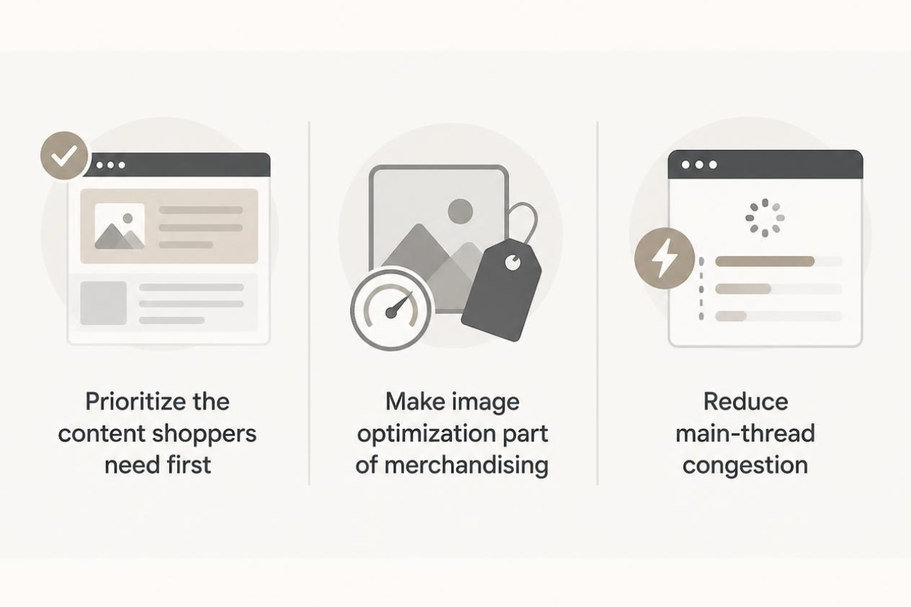 Shopify BFCM Speed Check infographic highlighting key performance improvements including content prioritization, image optimization, and reduced main-thread congestion.
