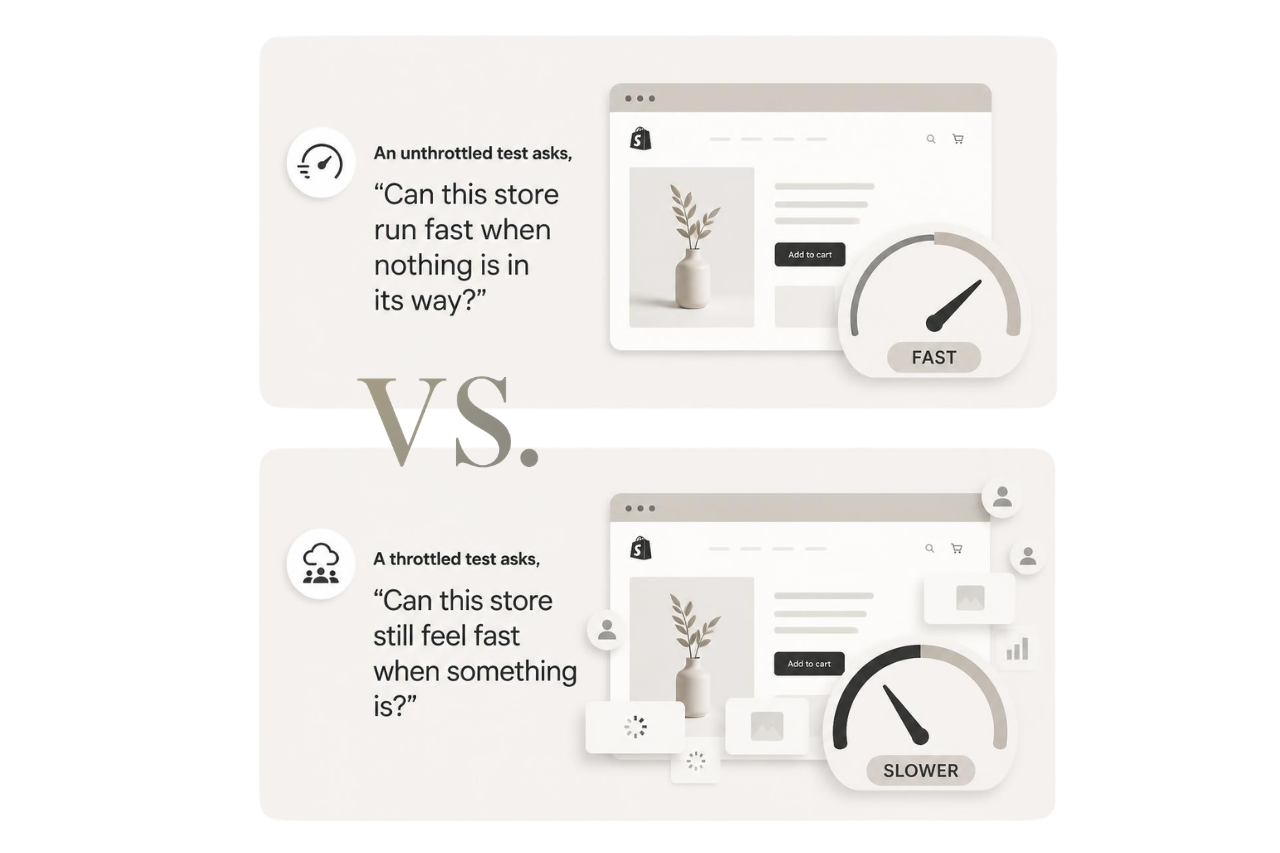  Shopify BFCM Speed Check comparison showing unthrottled vs throttled speed tests to illustrate real-world Shopify store performance under traffic.