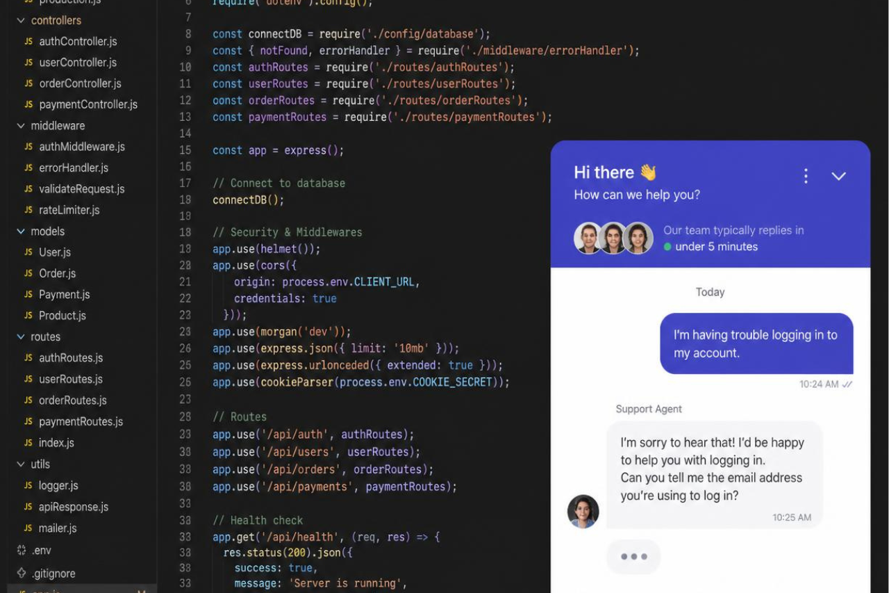  Shopify chat interface illustrating the JavaScript and backend code that powers live chat functionality on a Shopify store. 