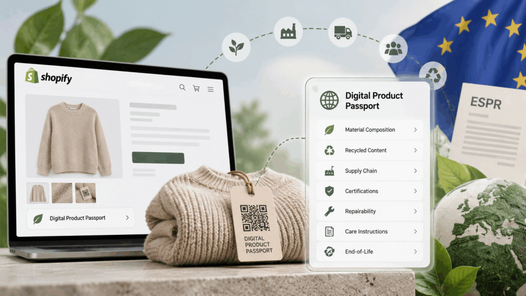 Digital Product Passport for Shopify showing a QR-coded product, product data, EU compliance, material composition, certifications, repairability, and recycling.