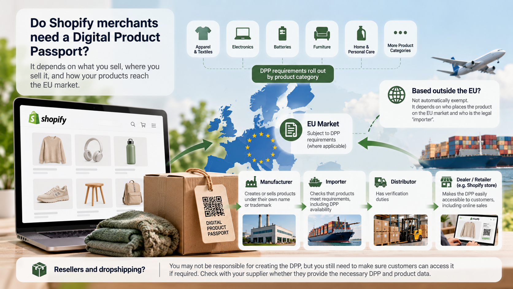 Digital Product Passport requirements for Shopify merchants selling in the EU, showing product categories and compliance roles for manufacturers, importers, distributors, retailers, resellers, and dropshippers.