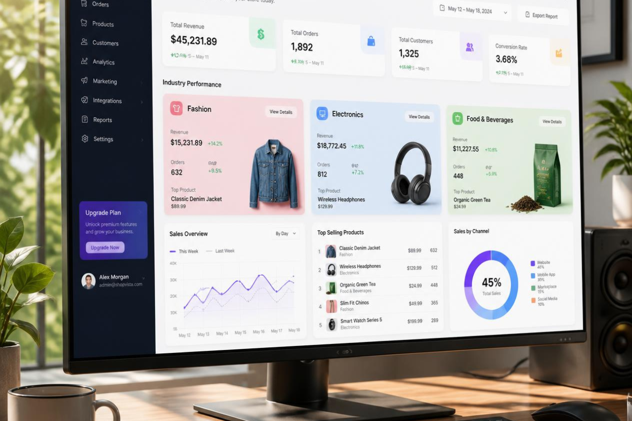 Shopify speed by industry dashboard comparing store performance across fashion, electronics, and food and beverage ecommerce categories.