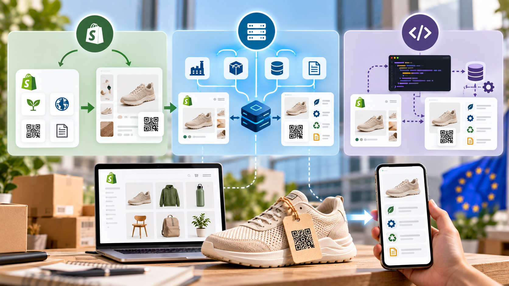 Digital Product Passport setup for Shopify showing DPP app integration, dedicated product data platforms, custom development, QR codes, and storefront synchronization.