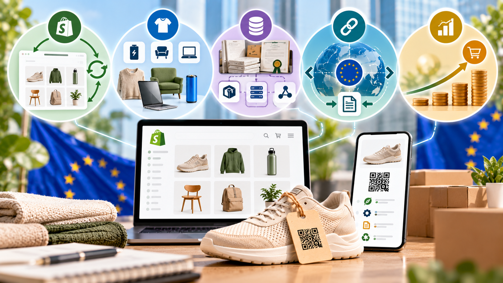 Digital Product Passport app for Shopify showing product integration, category support, data management, interoperability, EU compliance, and scalable pricing.